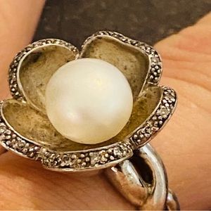 Vintage Sterling Silver Diamond and Pearl East Arts Jewelry affinity ring